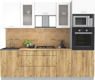 Кухонный гарнитур Интерлиния Мила 2.5 ВТ (белый платинум/дуб золотой/дуб бунратти) - фото