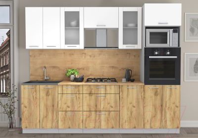 Кухонный гарнитур Интерлиния Мила 2.6 ВТ (белый платинум/дуб золотой/дуб бунратти) - фото