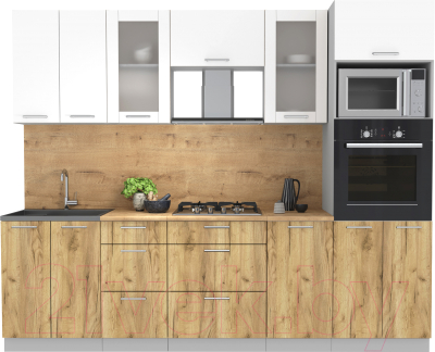 Кухонный гарнитур Интерлиния Мила 2.6 ВТ (белый платинум/дуб золотой/дуб бунратти)