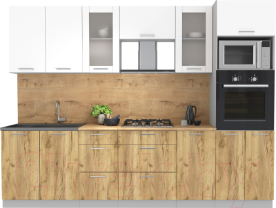 Кухонный гарнитур Интерлиния Мила 2.8 ВТ (белый платинум/дуб золотой/дуб бунратти) - фото