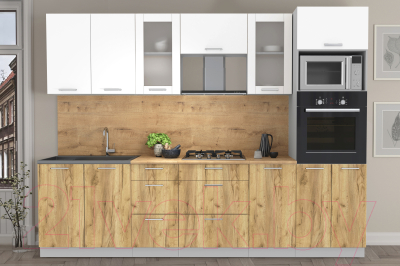 Кухонный гарнитур Интерлиния Мила 2.8 ВТ (белый платинум/дуб золотой/дуб бунратти)