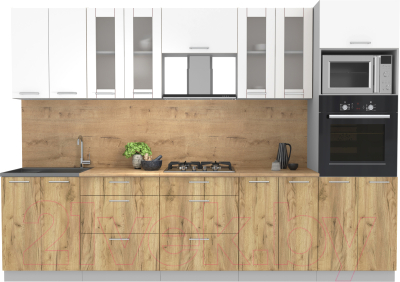 Кухонный гарнитур Интерлиния Мила 3.0 ВТ (белый платинум/дуб золотой/дуб бунратти) - фото