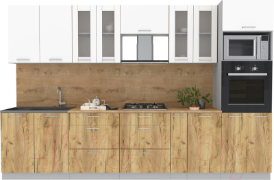 Кухонный гарнитур Интерлиния Мила 3.2 ВТ (белый платинум/дуб золотой/дуб бунратти) - фото