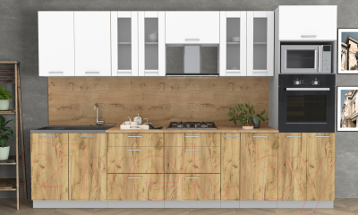 Кухонный гарнитур Интерлиния Мила 3.2 ВТ (белый платинум/дуб золотой/дуб бунратти)