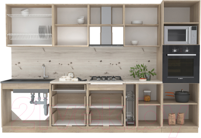 Кухонный гарнитур Интерлиния Мила 3.2 ВТ (белый платинум/дуб золотой/дуб бунратти)