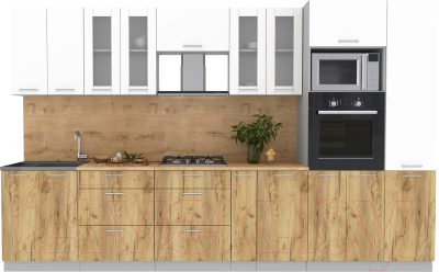 Кухонный гарнитур Интерлиния Мила 3.4 ВТ (белый платинум/дуб золотой/дуб бунратти) - фото