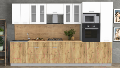 Кухонный гарнитур Интерлиния Мила 3.4 ВТ (белый платинум/дуб золотой/дуб бунратти)