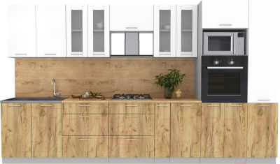 Кухонный гарнитур Интерлиния Мила 3.6 ВТ (белый платинум/дуб золотой/дуб бунратти) - фото
