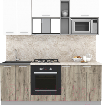 Кухонный гарнитур Интерлиния Мила 2.0 ВТ (белый платинум/дуб серый/малага) - фото