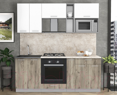 Кухонный гарнитур Интерлиния Мила 2.0 ВТ (белый платинум/дуб серый/малага)