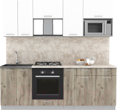 Кухонный гарнитур Интерлиния Мила 2.2 ВТ (белый платинум/дуб серый/малага) - фото