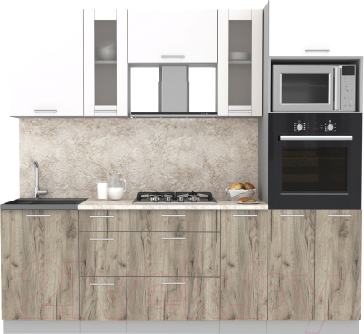 Кухонный гарнитур Интерлиния Мила 2.3 ВТ (белый платинум/дуб серый/малага) - фото
