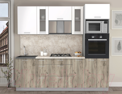 Кухонный гарнитур Интерлиния Мила 2.3 ВТ (белый платинум/дуб серый/малага)