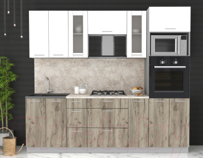 Кухонный гарнитур Интерлиния Мила 2.4 ВТ (белый платинум/дуб серый/малага)