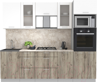 Кухонный гарнитур Интерлиния Мила 2.5 ВТ (белый платинум/дуб серый/малага) - фото