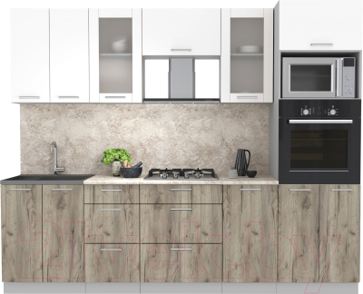 Кухонный гарнитур Интерлиния Мила 2.6 ВТ (белый платинум/дуб серый/малага) - фото