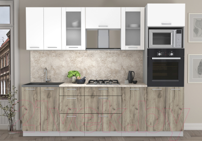 Кухонный гарнитур Интерлиния Мила 2.6 ВТ (белый платинум/дуб серый/малага)