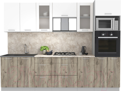 Кухонный гарнитур Интерлиния Мила 2.8 ВТ (белый платинум/дуб серый/малага) - фото