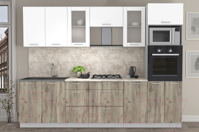 Кухонный гарнитур Интерлиния Мила 2.8 ВТ (белый платинум/дуб серый/малага)