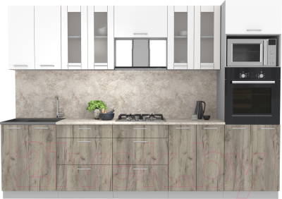 Кухонный гарнитур Интерлиния Мила 3.0 ВТ (белый платинум/дуб серый/малага) - фото