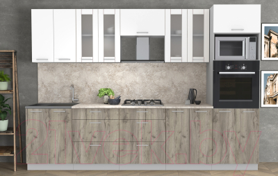 Кухонный гарнитур Интерлиния Мила 3.0 ВТ (белый платинум/дуб серый/малага)