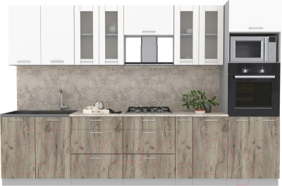 Кухонный гарнитур Интерлиния Мила 3.2 ВТ (белый платинум/дуб серый/малага) - фото