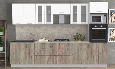 Кухонный гарнитур Интерлиния Мила 3.2 ВТ (белый платинум/дуб серый/малага)