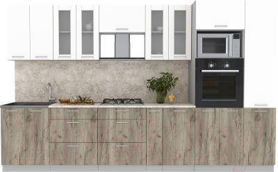 Кухонный гарнитур Интерлиния Мила 3.4 ВТ (белый платинум/дуб серый/малага) - фото