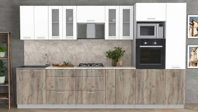 Кухонный гарнитур Интерлиния Мила 3.4 ВТ (белый платинум/дуб серый/малага)