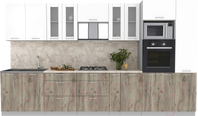 Кухонный гарнитур Интерлиния Мила 3.6 ВТ (белый платинум/дуб серый/малага) - фото