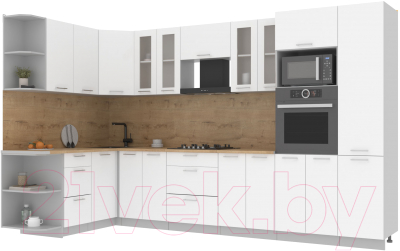 Кухонный гарнитур Интерлиния Мила 1.68x3.4 левая (белый платинум/белый платинум/дуб бунратти) - фото