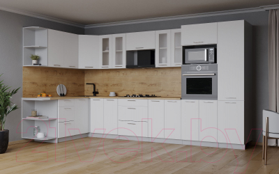 Кухонный гарнитур Интерлиния Мила 1.68x3.4 левая (белый платинум/белый платинум/дуб бунратти)