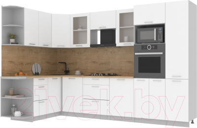 Кухонный гарнитур Интерлиния Мила 1.68x3.2 левая (белый платинум/белый платинум/дуб бунратти) - фото
