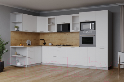 Кухонный гарнитур Интерлиния Мила 1.68x3.2 левая (белый платинум/белый платинум/дуб бунратти)