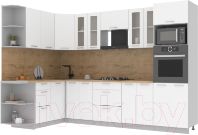 Кухонный гарнитур Интерлиния Мила 1.68x3.0 левая (белый платинум/белый платинум/дуб бунратти) - фото