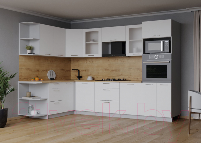 Кухонный гарнитур Интерлиния Мила 1.68x2.8 левая (белый платинум/белый платинум/дуб бунратти)