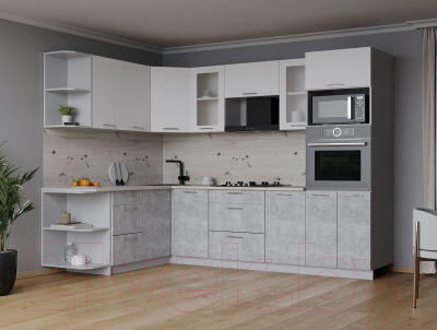 Кухонный гарнитур Интерлиния Мила 1.68x2.6 левая (белый платинум/бетон/бискайская сосна)