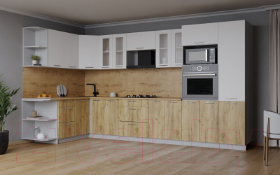 Кухонный гарнитур Интерлиния Мила 1.68x3.4 левая (белый платинум/дуб золотой/дуб бунратти)