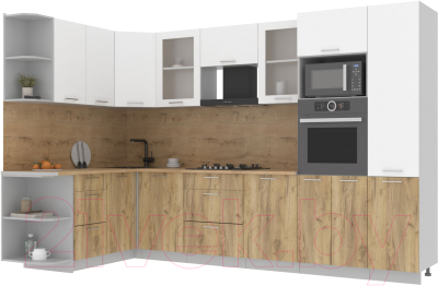 Кухонный гарнитур Интерлиния Мила 1.68x3.2 левая (белый платинум/дуб золотой/дуб бунратти) - фото