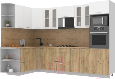 Кухонный гарнитур Интерлиния Мила 1.68x3.0 левая (белый платинум/дуб золотой/дуб бунратти) - фото