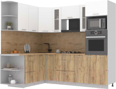 Кухонный гарнитур Интерлиния Мила 1.68x2.4 левая (белый платинум/дуб золотой/дуб бунратти) - фото