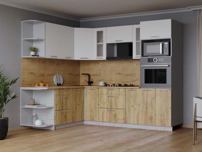 Кухонный гарнитур Интерлиния Мила 1.68x2.4 левая (белый платинум/дуб золотой/дуб бунратти)