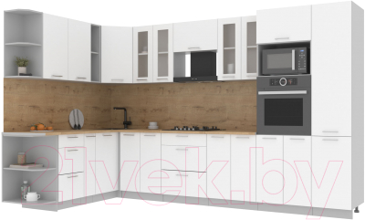 Кухонный гарнитур Интерлиния Мила 1.88x3.4 левая (белый платинум/белый платинум/дуб бунратти) - фото