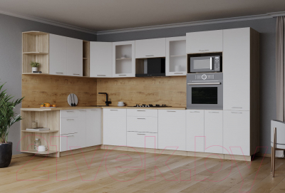 Кухонный гарнитур Интерлиния Мила 1.88x3.2 левая (белый платинум/белый платинум/дуб бунратти)