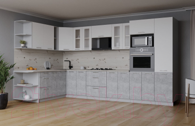 Кухонный гарнитур Интерлиния Мила 1.88x3.4 левая (белый платинум/бетон/бискайская сосна)