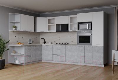 Кухонный гарнитур Интерлиния Мила 1.88x3.2 левая (белый платинум/бетон/бискайская сосна)