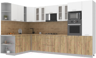 Кухонный гарнитур Интерлиния Мила 1.88x3.4 левая (белый платинум/дуб золотой/дуб бунратти) - фото