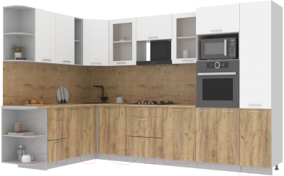 Кухонный гарнитур Интерлиния Мила 1.88x3.2 левая (белый платинум/дуб золотой/дуб бунратти) - фото