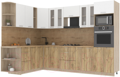 Кухонный гарнитур Интерлиния Мила 1.88x3.0 левая (белый платинум/дуб золотой/дуб бунратти) - фото