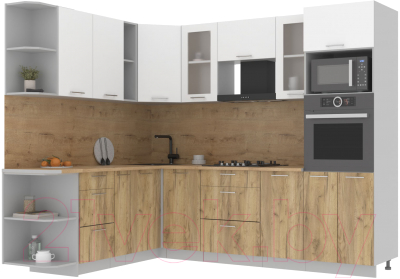 Кухонный гарнитур Интерлиния Мила 1.88x2.6 левая (белый платинум/дуб золотой/дуб бунратти) - фото
